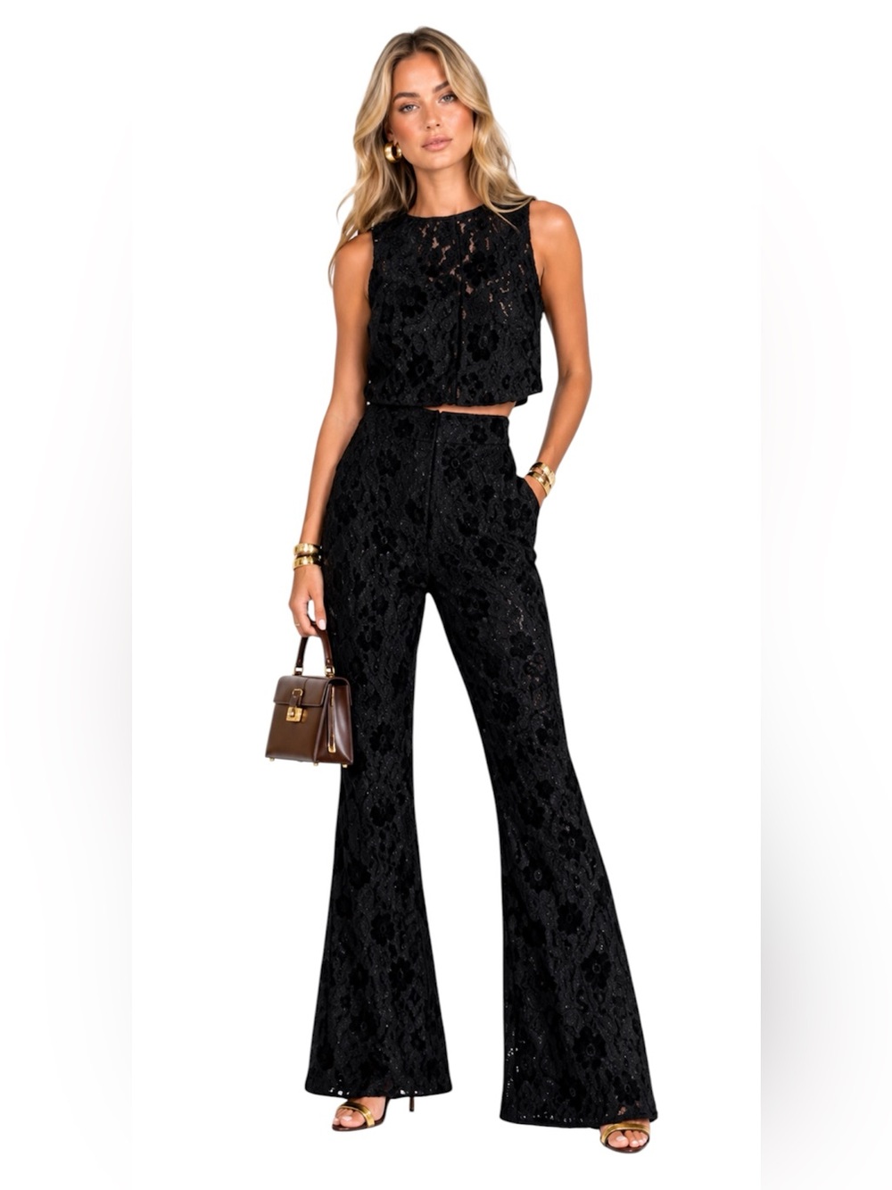 Avec Les Filles Black Lace Two Piece Suit Set Luxe Chic Vest Flared Pants Small